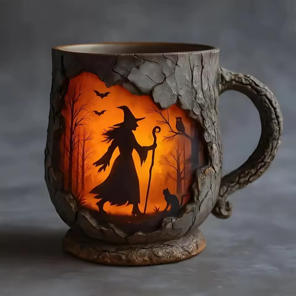 Artisanální 3D Halloweenský hrnek – s designem čarodějnice a kočky