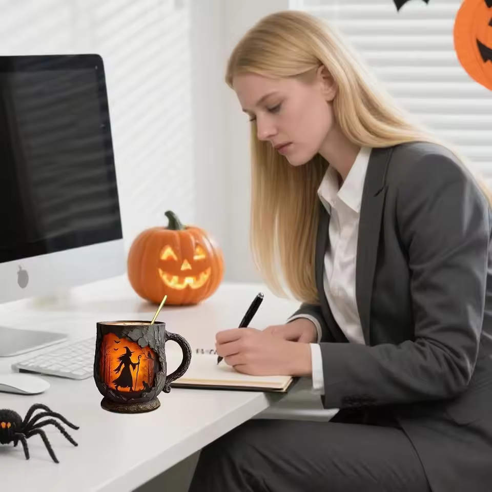 Artisanální 3D Halloweenský hrnek – s designem čarodějnice a kočky