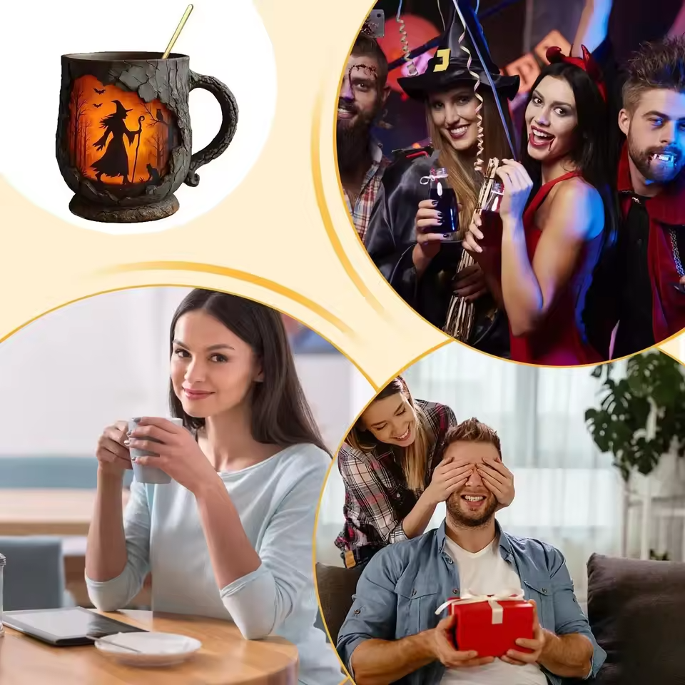 Ručně vyráběný 3D Halloween Hrnek – Motiv čarodějnice a kočky