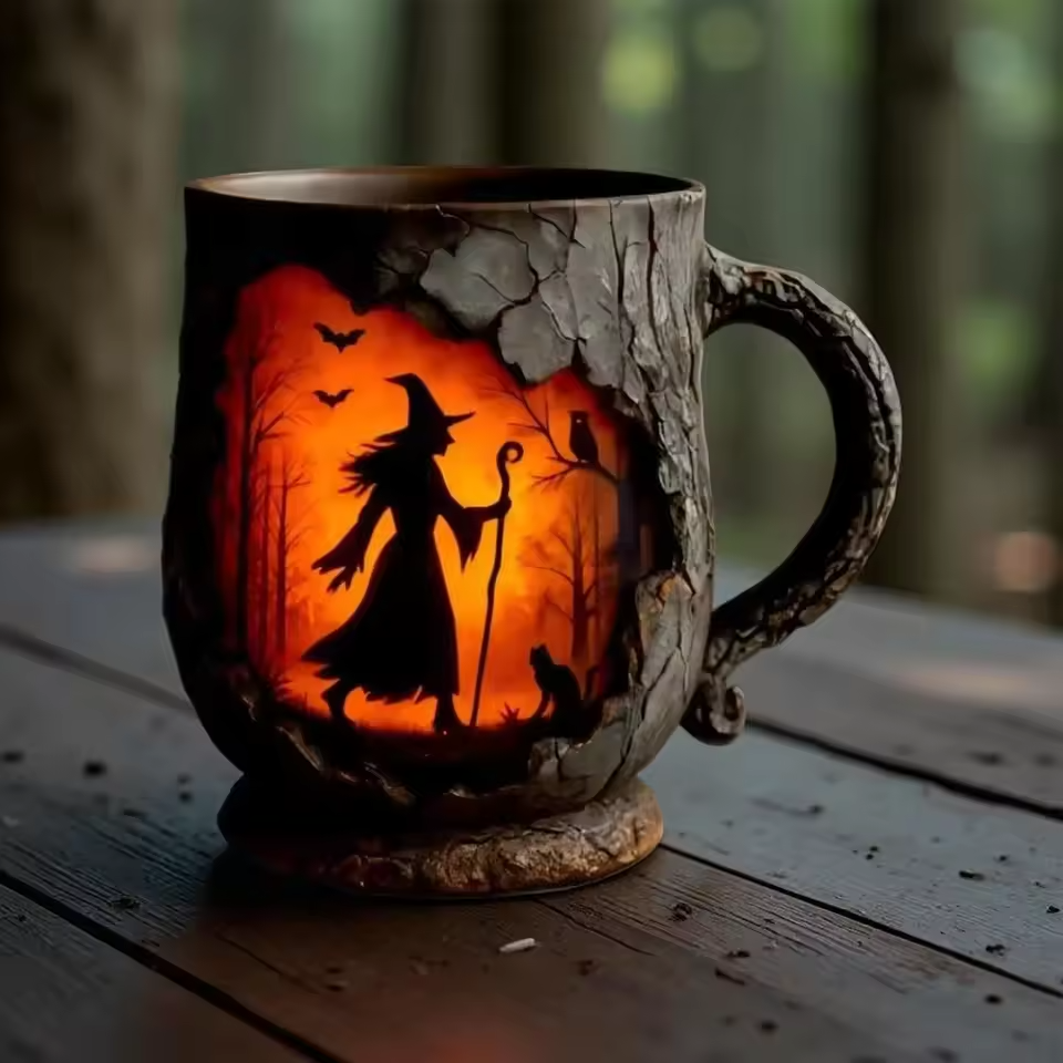 Artisanální 3D Halloweenský hrnek – s designem čarodějnice a kočky