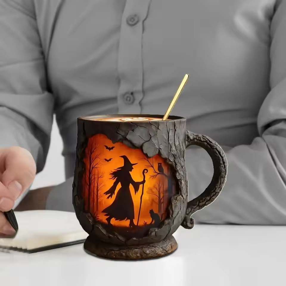 Artisanální 3D Halloweenský hrnek – s designem čarodějnice a kočky