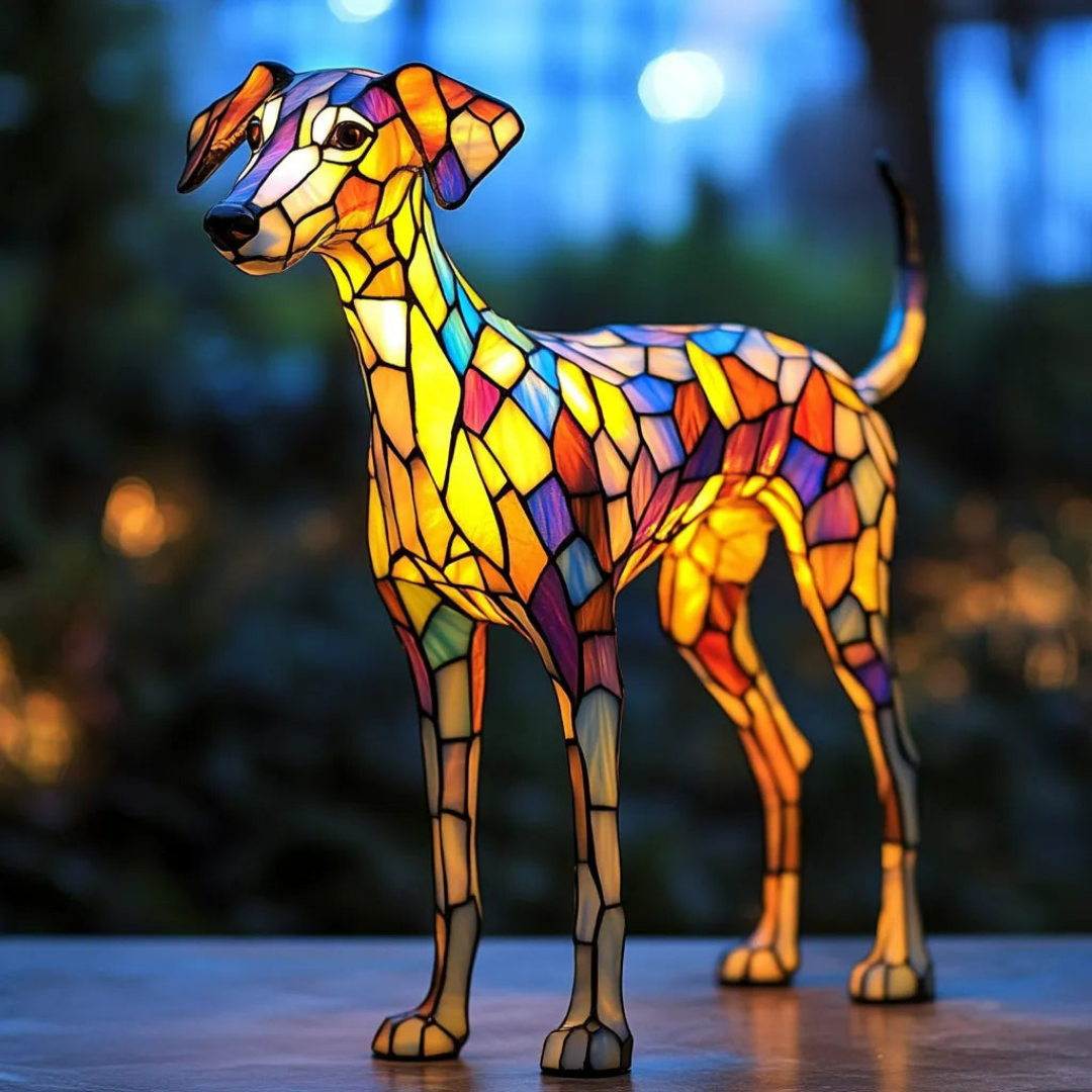 Lampa z barevného skla inspirovaná whippet